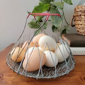 Vintage Wire Mesh Collapsible Egg Basket With Red Handles Home Decor